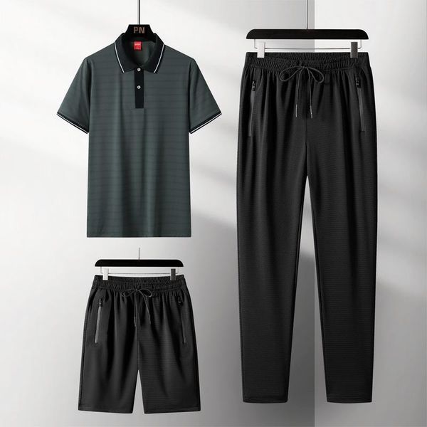 

men's tracksuits dad summer wear middle-aged and elderly men ice silk short sleeve trousers loose father casual sports three-piecn, Gray
