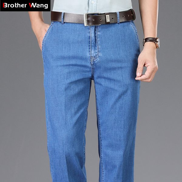 Estilo clássico verão homens jeans fino em linha de negócios casuais calças estrias macho calças de marca azul