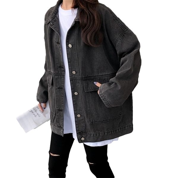 

vintage single breasted jeans jacket women autumn fashion lapel long sleeve black woman casual oversized blue denim coats 211014, Black;brown