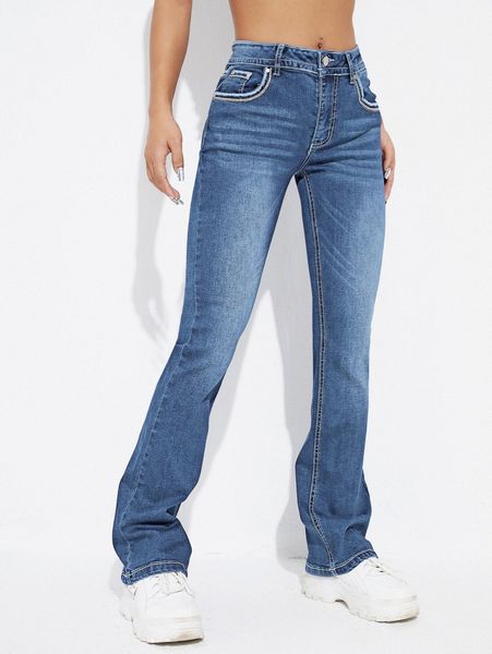 

contrast stitch flap pocket flare jeans d0uv#, Blue