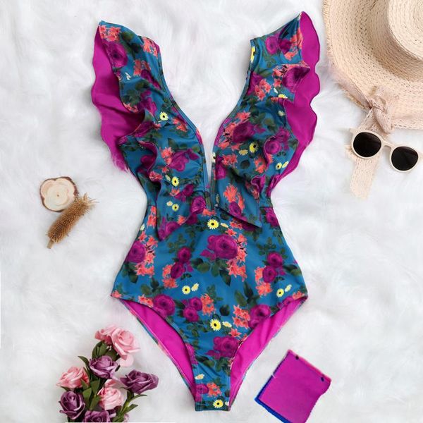 

2021 new print swimwear deep v-neck ruffle swimsuit push up padded one piece swimsuit beach backless monokini women bathing suit