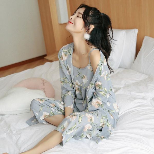 

sanderala 3 pieces women printed robe femme nightwear bathrobe home clothing pajamas sets nightie sleepwear autumn lingerie, Black;red