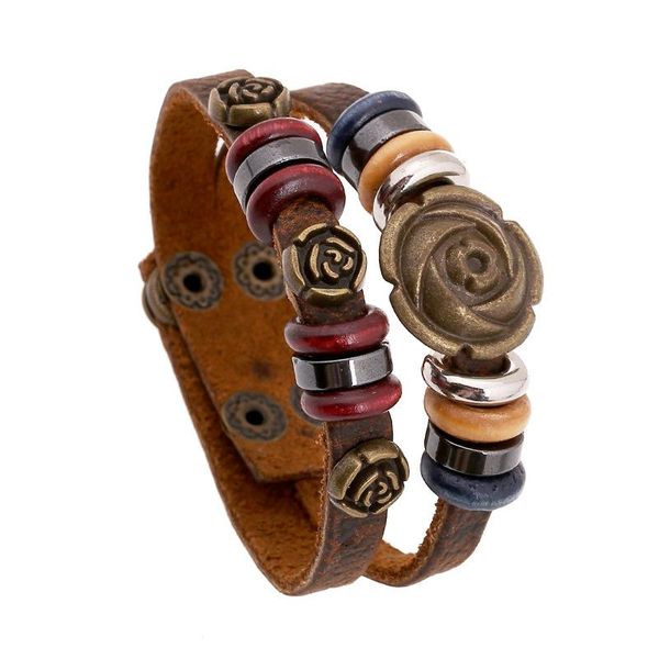 

tennis men/women retro genuine leather bracelets brown tone rose flower handmade bangle button buckle wristbands jewelry, Golden;silver
