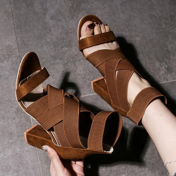 

dress shoes summer gladiator fashion ladies elastic band cross-strap solid peep toe square high heel modern party women female, Black