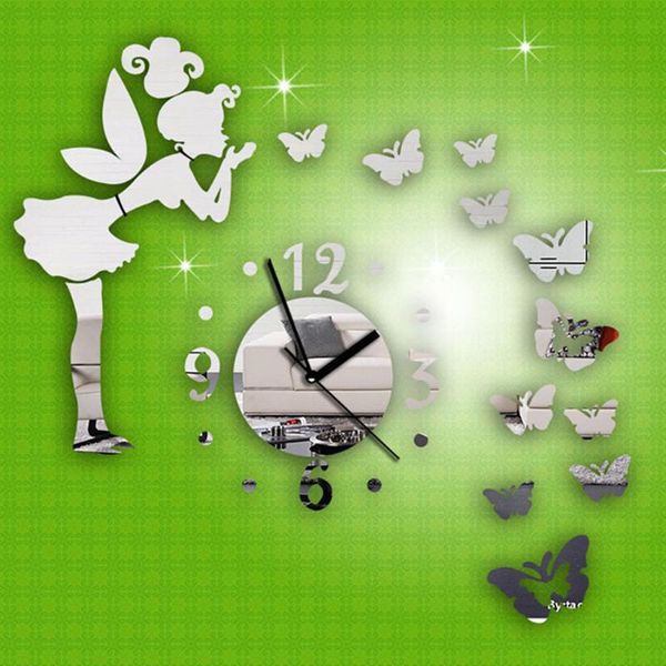 

wall clocks diy 3d butterflies fairy girl sticker mirror office home decoration