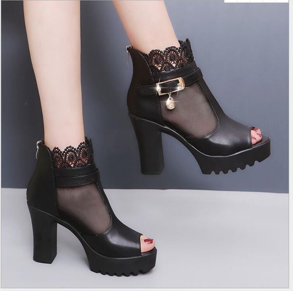 

sandals women net yarn shoes high heel square pumps party ladies peep toe breathable, Black