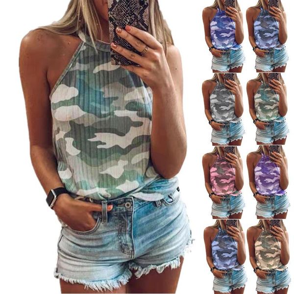 

women's t-shirt camouflage printed sleeveless neck vest jacket, White