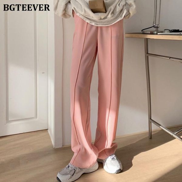 

women's pants & capris bgteever summer autumn loose straight pant for women high waist button female floor-length suit ladies solid pan, Black;white