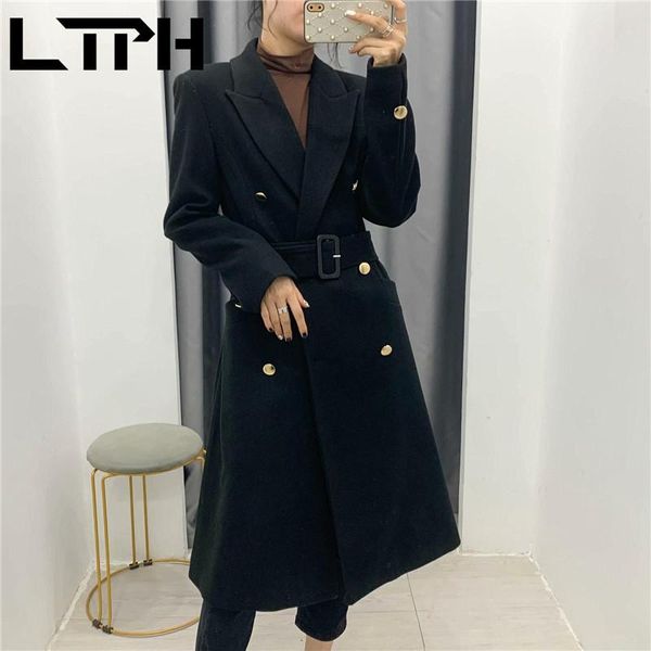 

women's wool & blends ltph all-match black women woolen coat long double breasted sleeve chic outerwear thick warm sashes coats 2021 au