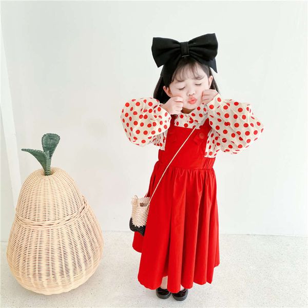 

strap girls' red children's 2021 spring new wave point shirt academy vest skirt two piece set, White