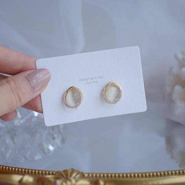 

stud french retro delicate inlaid zircon opal button earrings for women simple and versatile temperament trendy jewelry, Golden;silver