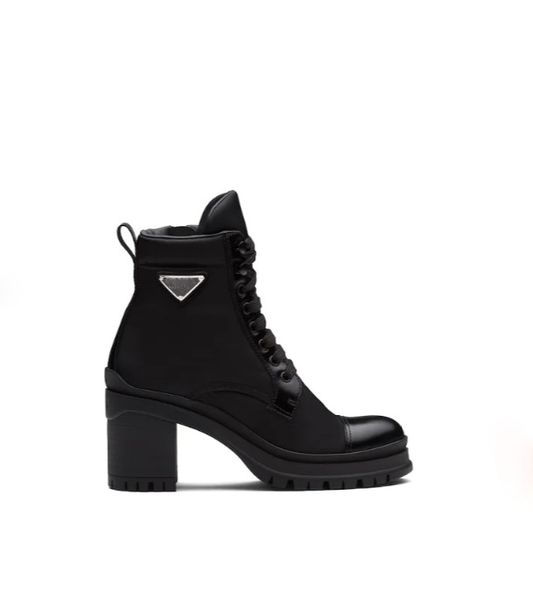 

2023 designers women ankle boots brushed leather and nylon laced booties leather biker boot size us 4-10, Black
