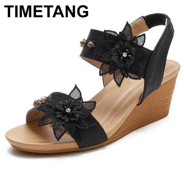 

timetang summer sandals women wedge heel shoes soft leather flower design ladies shoes female large plus size 36-42, Black