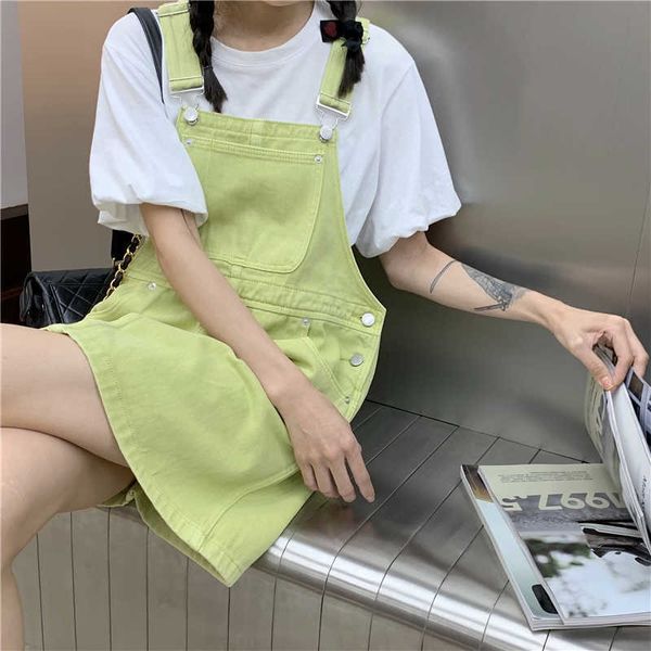 

fashion summer casual women's denim braces dress baggy fruit green solid color youth vitality girl student short skirt 210527, Black;white