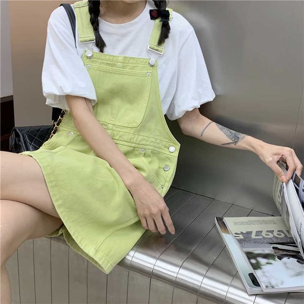 Mode Sommer Casual Frauen Denim Hosenträger Kleid Baggy Frucht Grün Einfarbig Jugend Vitalität Mädchen Student Kurzen Rock 210527