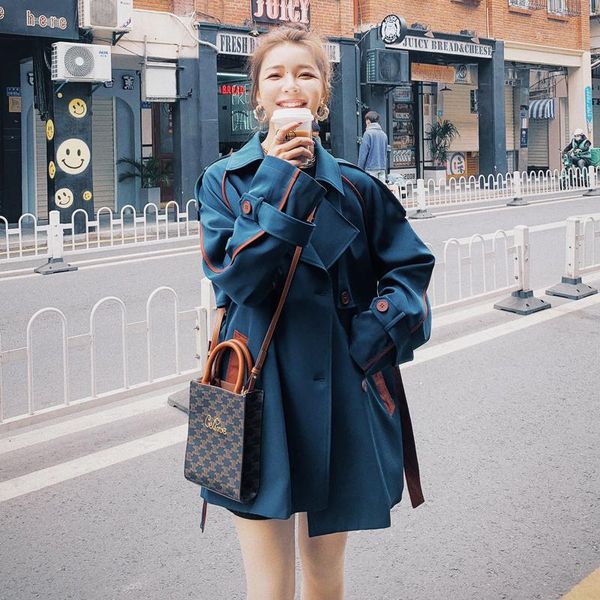 

women's trench coats coat for women spring fall double breasted elegant korean style vintage blue windbreaker lady loose belt outerwear, Tan;black