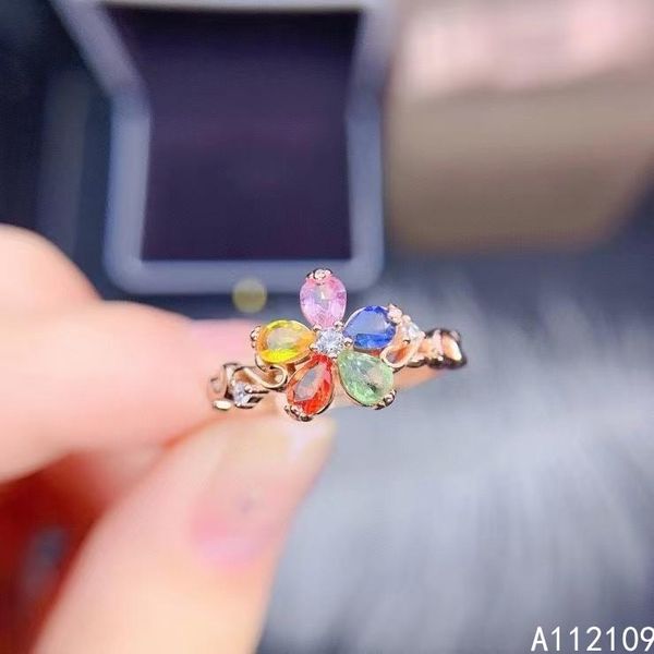 

cluster rings fine jewelry 925 sterling silver inset with natural gem women's trendy flower color sapphire adjustable ring support det, Golden;silver