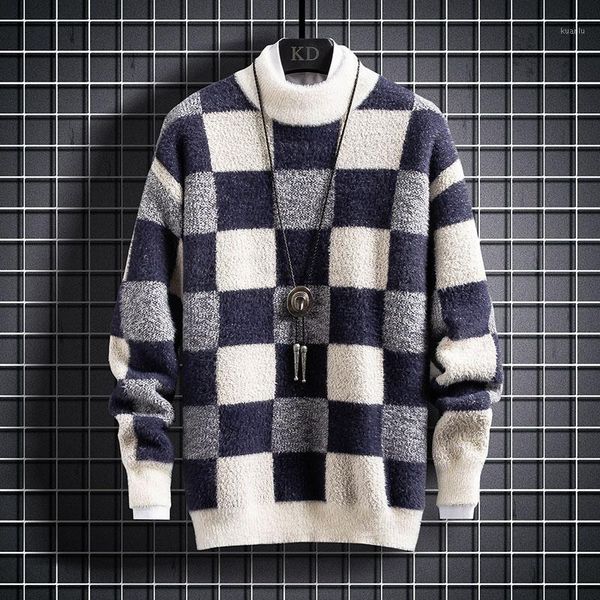 

men's sweaters thick cashmere sweater turtleneck winter plaid pullover comfortable fashion warm loose bottoming shirt 3xl, White;black