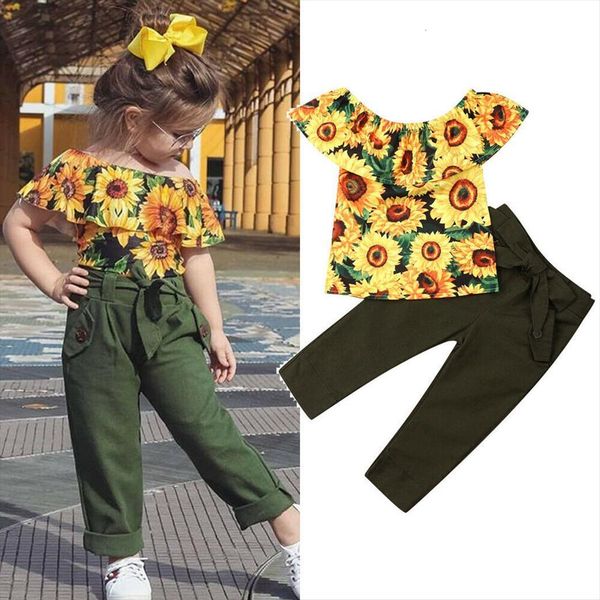 

2 7y toddler kid baby girl clothes sets sunflower print off shoulder long pants summer outfits set, White