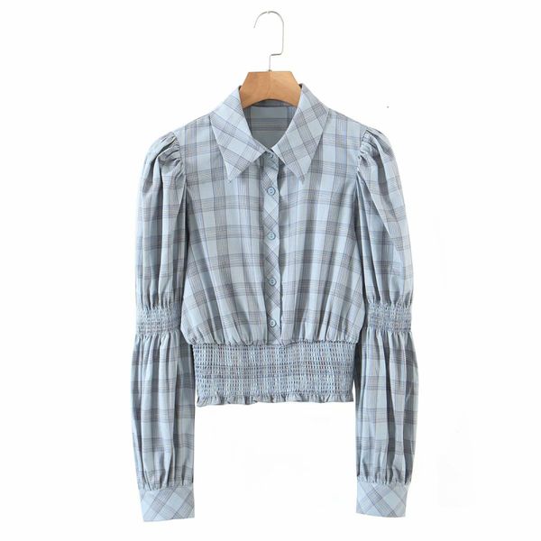 

women's knits & tees casual woman slim blue plaid short cotton shirt 2021 spring fashion ladies sleeve blouses girls sweet soft bu, White