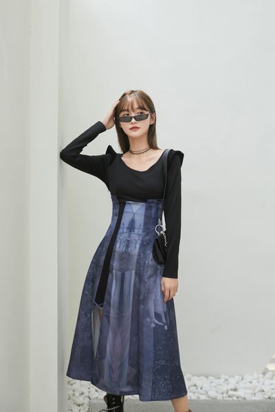 

2021 new mystery print tunic women long sleeve side split ladies a line autumn patchwork desinger clothes e40h, Black;gray