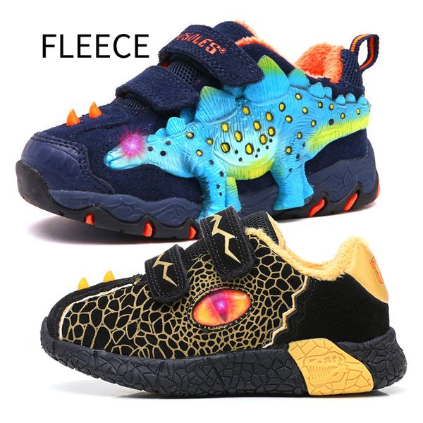 

warm fleece winter baby boys shoes light up kids sneakers led sport toddler children trainers dinosaur teenagers tennis footwear 210303, Black