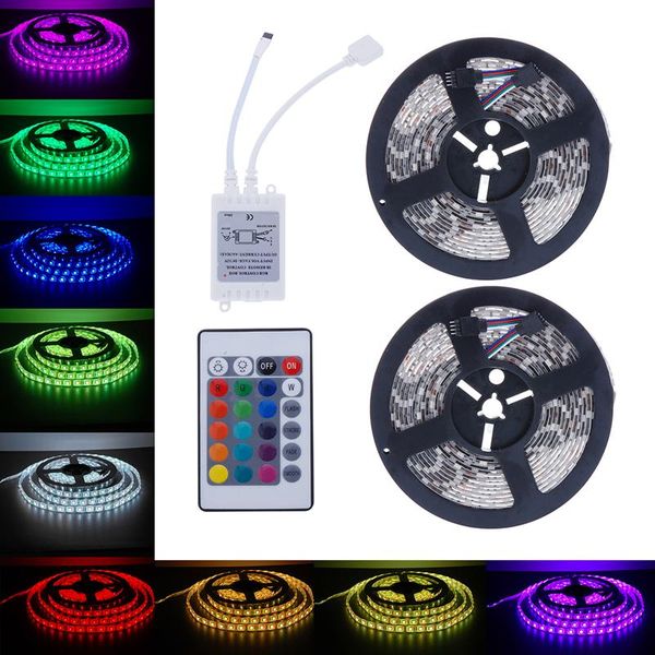 

10m smd rgb 2x5m 600leds led light strip 24 key ir remote controller controller power adapter for home garden decoration#t2