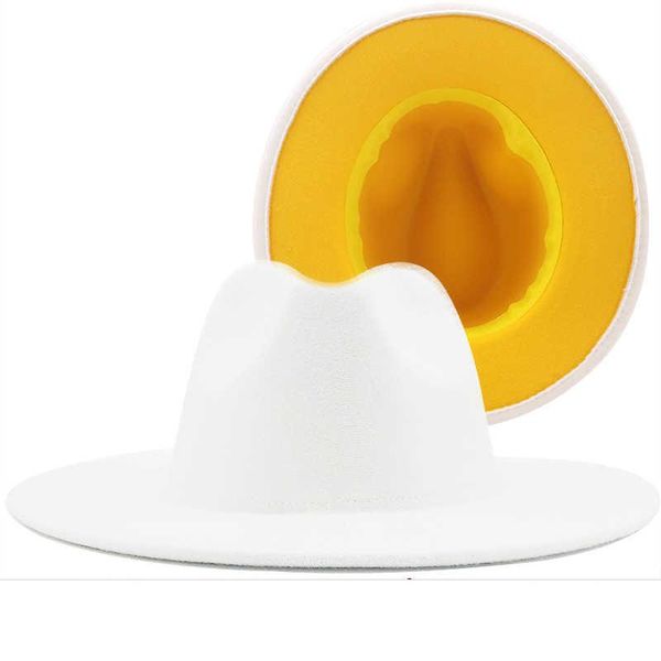 

wide brim hats outer white inner yellow wool felt jazz fedora with thin belt buckle men women panama trilby cap 56-58cm, Blue;gray