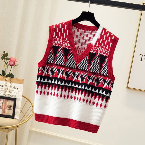 

2021 new vintage argyle plaid knitted cotton sweater vest women plus size v-neck sleeveless casual tank autumn fashion korean 27hq, White;black