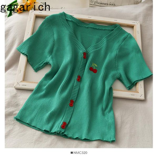 

women's t-shirt gagarich women t-shirts 2021 summer korean chic sweet temperament girls v-neck cherries embroidery pit knitted pullover, White