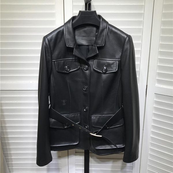 

women's leather & faux natural real sheepskin coat women spring genuine jacket with belt big pocket streetwear solid outerwear, Black