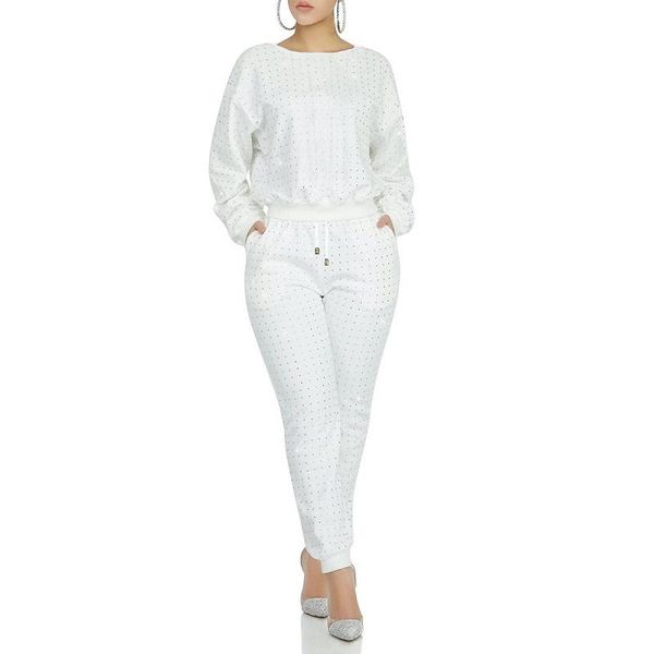 

two piece dress style fashion sequined lady suit o-neck full sleeve and long pants 2 set casual shiny outfit, White