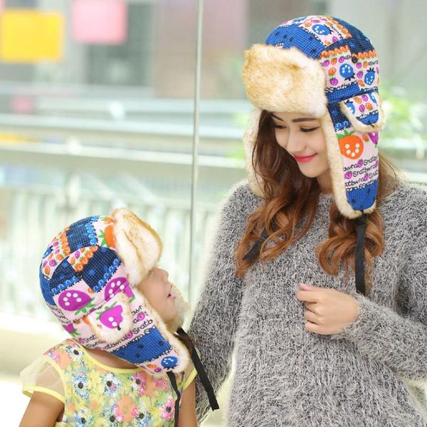 

berets mz013 russian hat thick warm winter bomber parent-child earflap trapper cap ushanka kids women print, Blue;gray