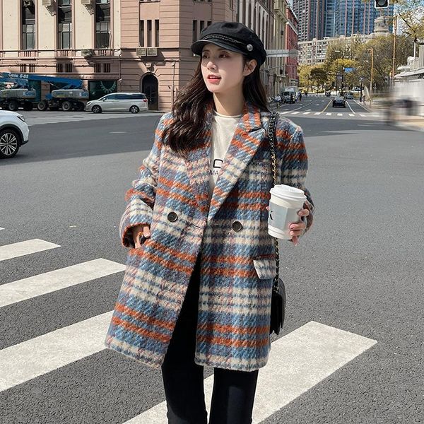 

women's suits & blazers 2021 autumn winter blazer for women temperament commuter plaid woolen coat korean office lady loose suit femme, White;black