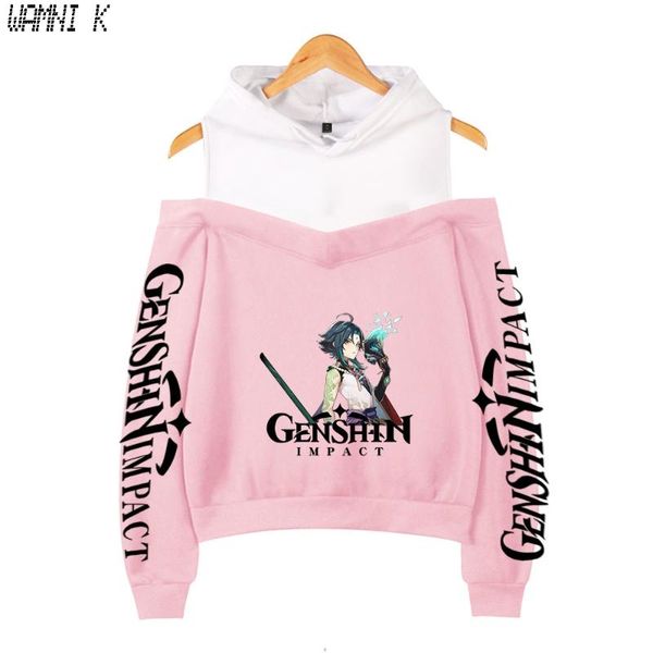 

men's hoodies & sweatshirts genshin impact crop shoulder goddess pink pullover off-shoulder harajuku hooded fashion tracksuit, Black
