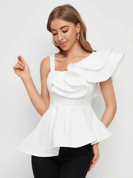 

asymmetrical neck ruffle trim peplum d1zn#, White