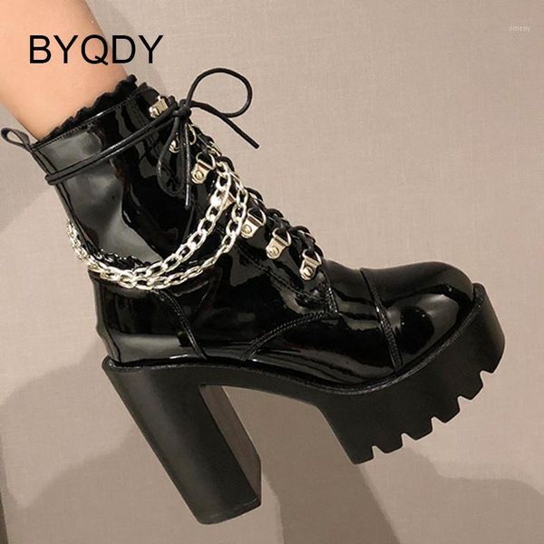 

boots byqdy 2021 autumn patent leather female ankle metal chains punk style women short thick high heeled ladies shoes1, Black