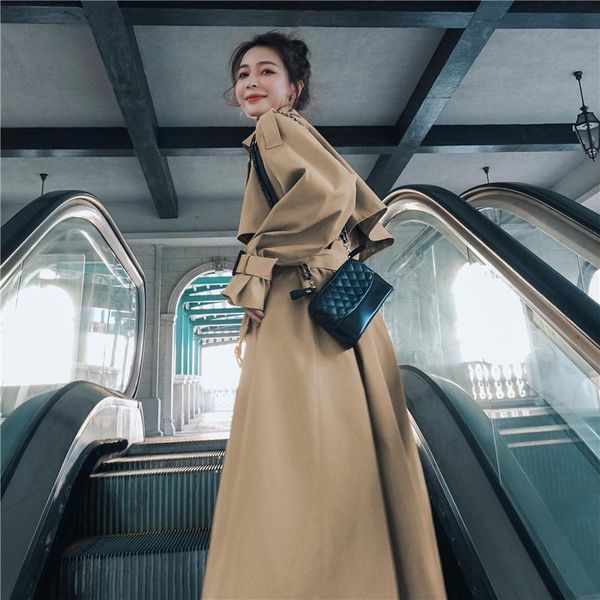 

women's trench coats 2021 women autumn double-breasted long coat, Tan;black