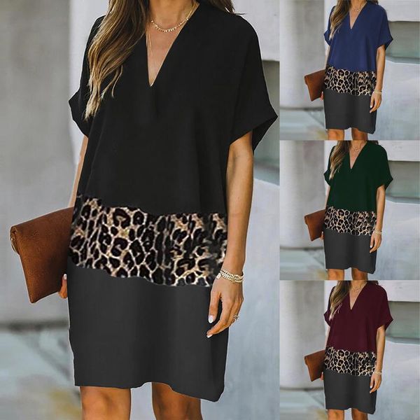 

casual dresses women's fashion print short sleeve leopard patchwork mini dress v-neck ladies summer sundress vestidos robe, Black;gray