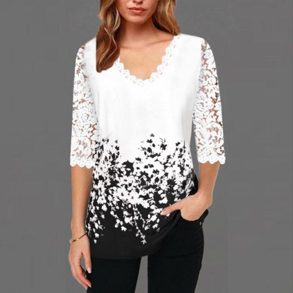

women's t-shirt spring/summer 2021 style v-shaped lace collar sleeve, White