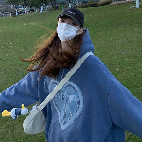 

women's hoodies & sweatshirts hoodie cotton navy blue heart print couple jacket vintage street long sleeve oversized sweatshirt, Black