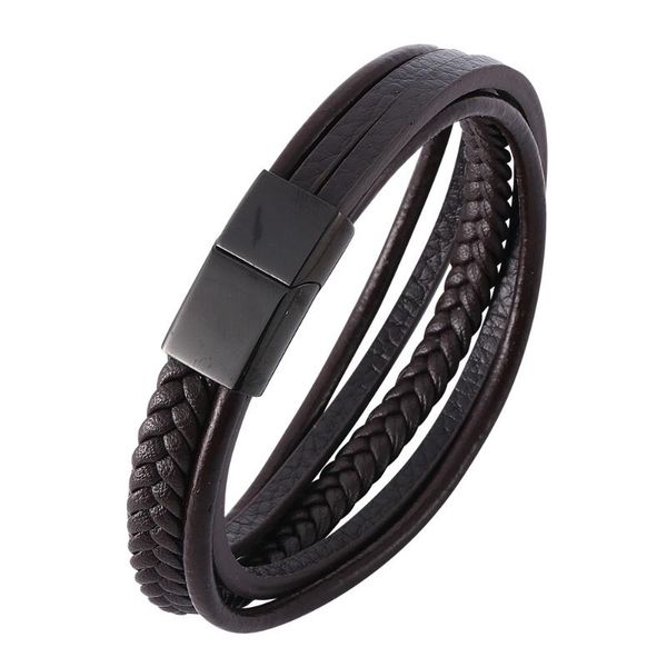 

charm bracelets creative ethnic style men's multi-layer handmade leather rope stainless steel magnetic buckle fashion bracelet 7-ph506, Golden;silver