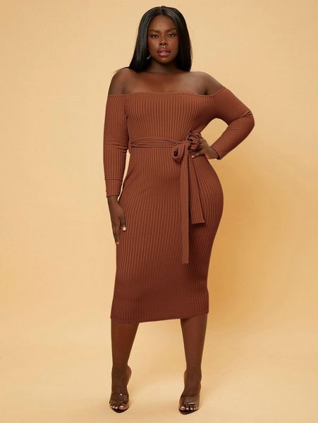 

sxy plus off shoulder belted bodycon dress l5a2#, Black