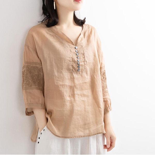 

women's blouses & shirts 2021 casual summer cotton women blouse v-neck solid embroidery three quarter sleeve loose 4xl plus size breath, White