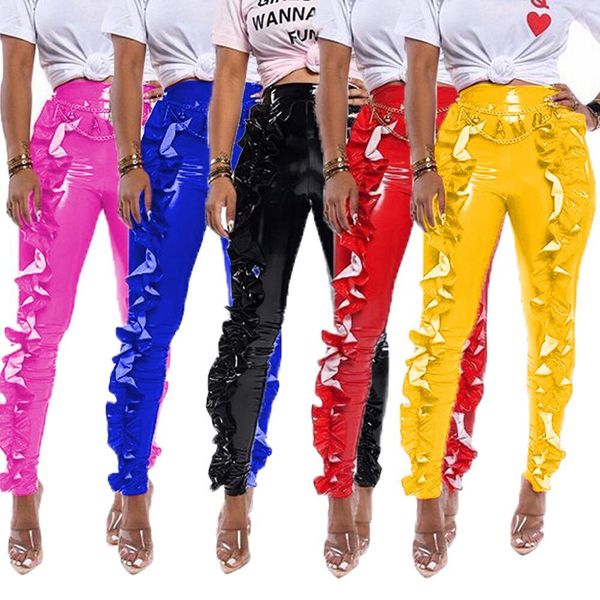 

2021 new women ny pu pants tight ruffel clubwear high waist night out party fashion spring trousers yellow blue black b54c, Black;white