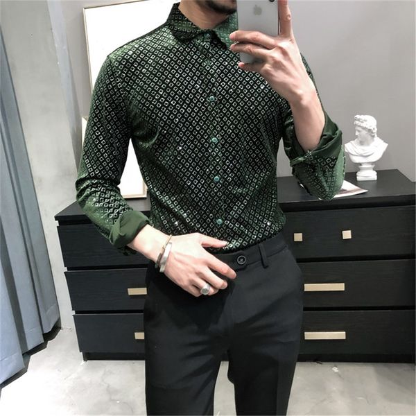 

luxo velvet plaid shirts long sleeves dress business 2021 spring casual shirt social party streetwear blouse chemise homme n884, White;black