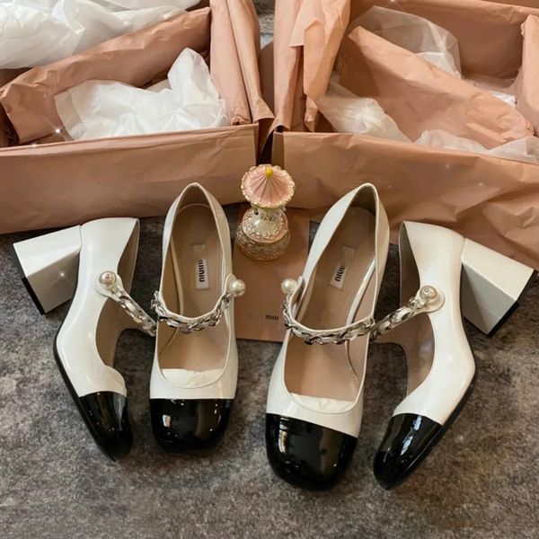 

mary jane shoes french miu * square head high heels fairy style small leather shoes pearl patent leather thick heel shoes zlh, Black