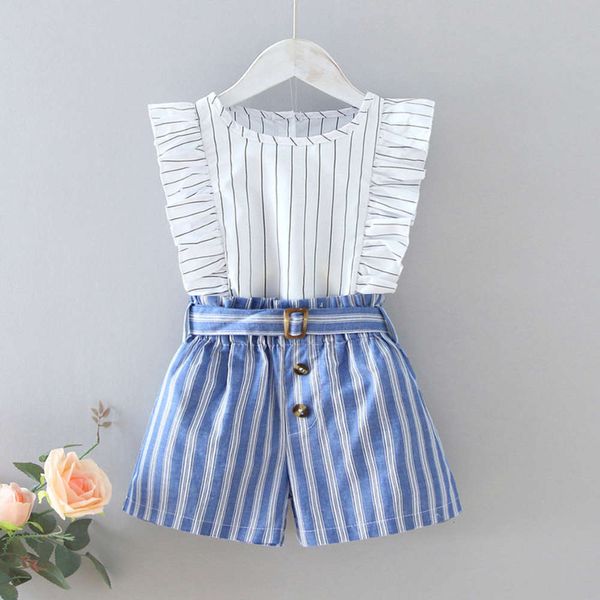 

new ew summer children's 2021 korean fashion striped + high waist shorts set tz238, White