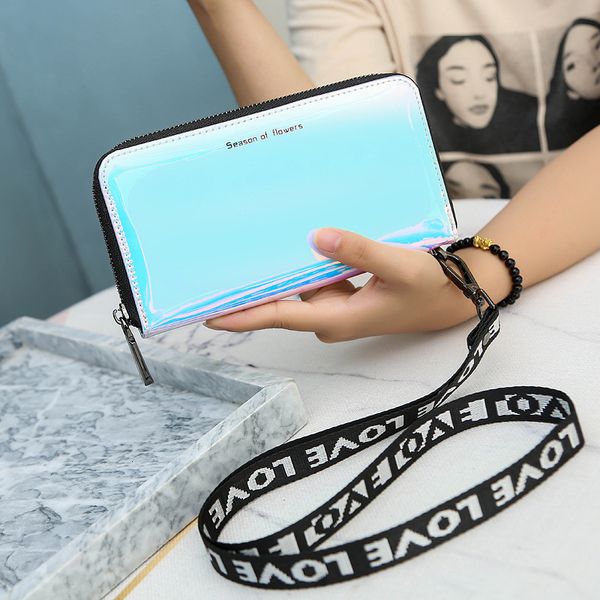 

new lanyard laser holographic women long clutch bags women's wallets zip phone carteras, Red;black