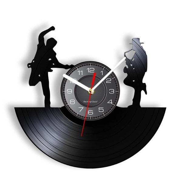 

wall clocks saxophone player and guitarist record clock for music room band laser cut shadow art watch retro timepiece